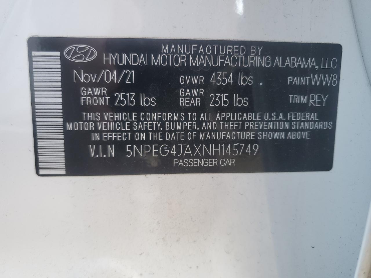 2022 HYUNDAI SONATA SE VIN:5NPEG4JAXNH145749