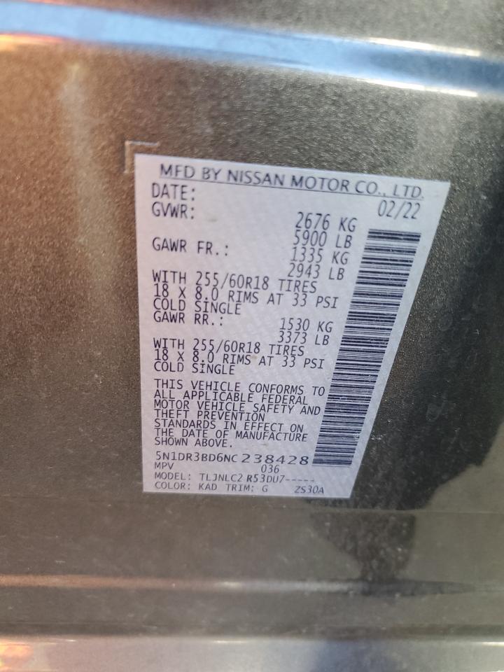 2022 NISSAN PATHFINDER SV VIN:5N1DR3BD6NC238428