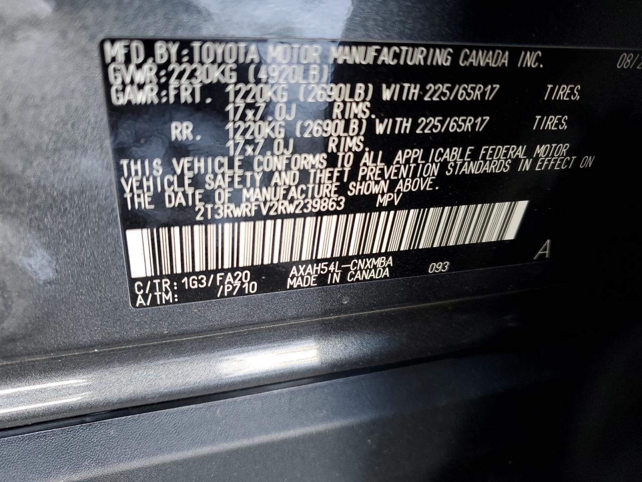 2024 TOYOTA RAV4 XLE VIN:2T3RWRFV2RW239863