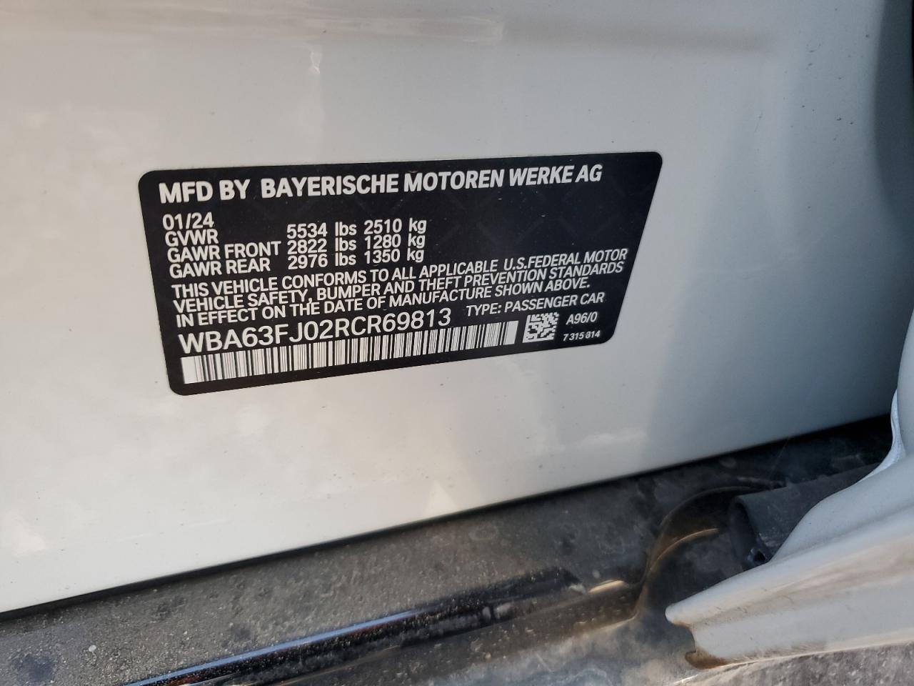 2024 BMW 540 XI VIN:WBA63FJ02RCR69813