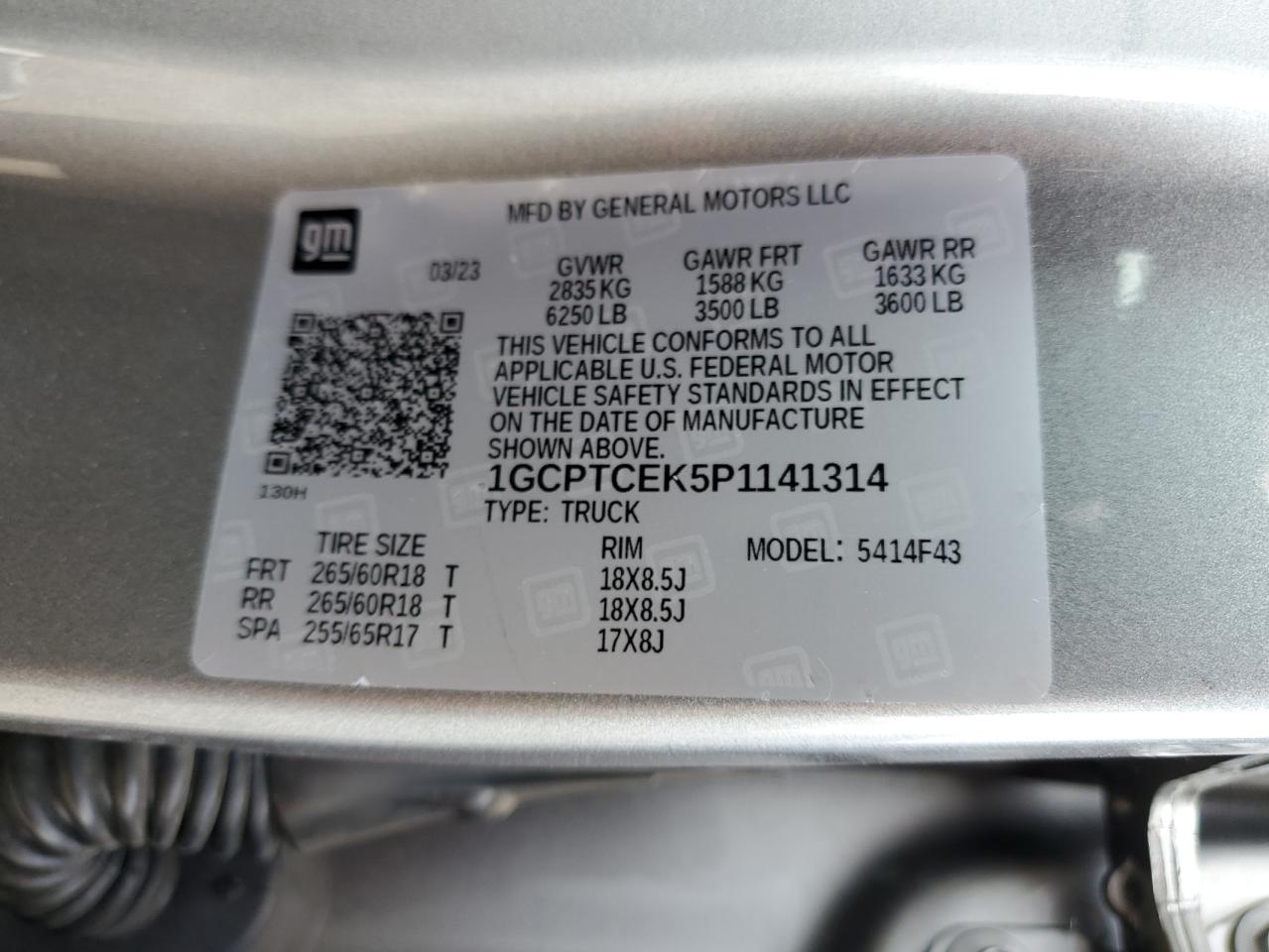 2023 CHEVROLET COLORADO LT VIN:1GCPTCEK5P1141314