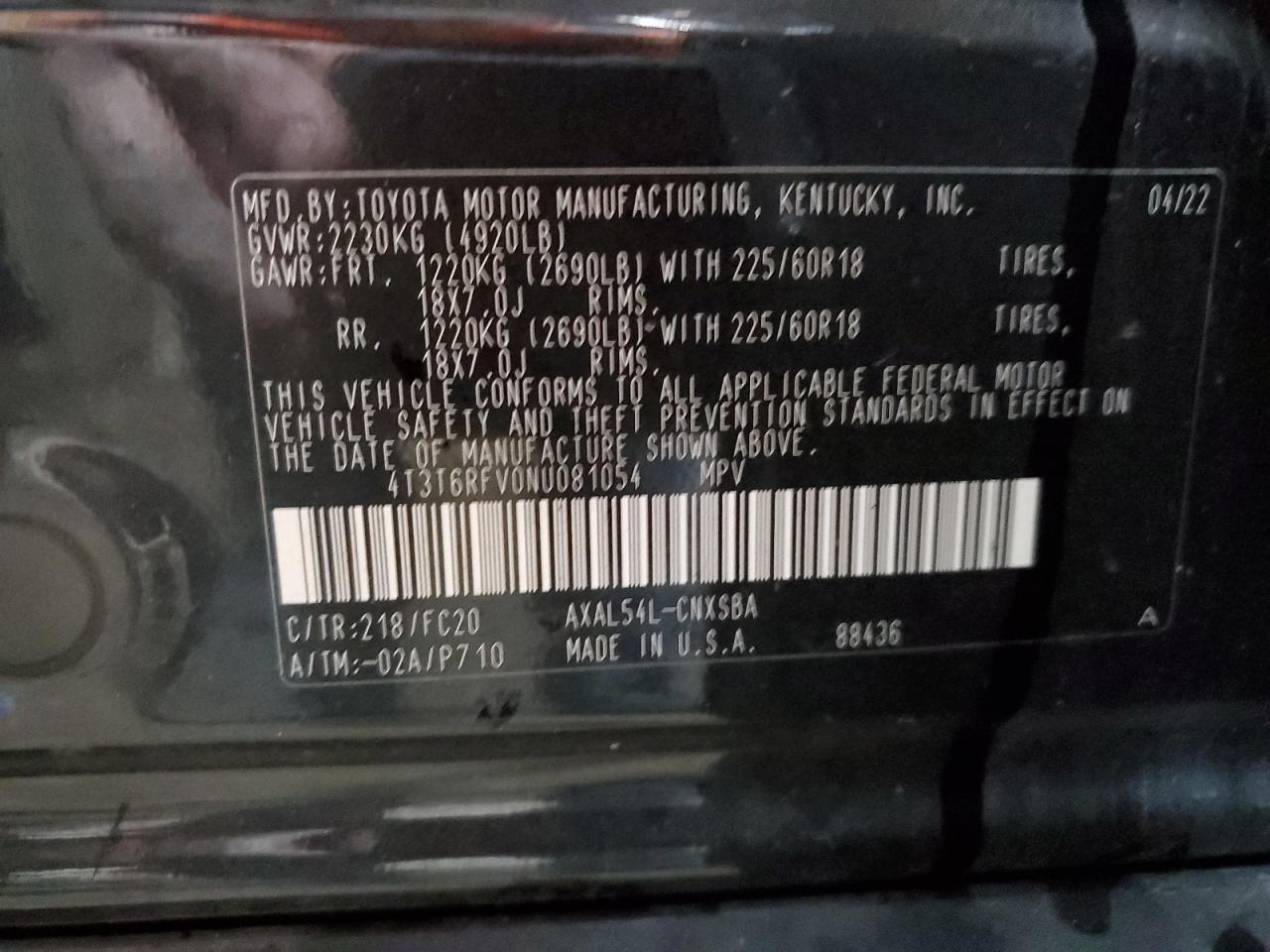 2022 TOYOTA RAV4 SE VIN:4T3T6RFV0NU081054