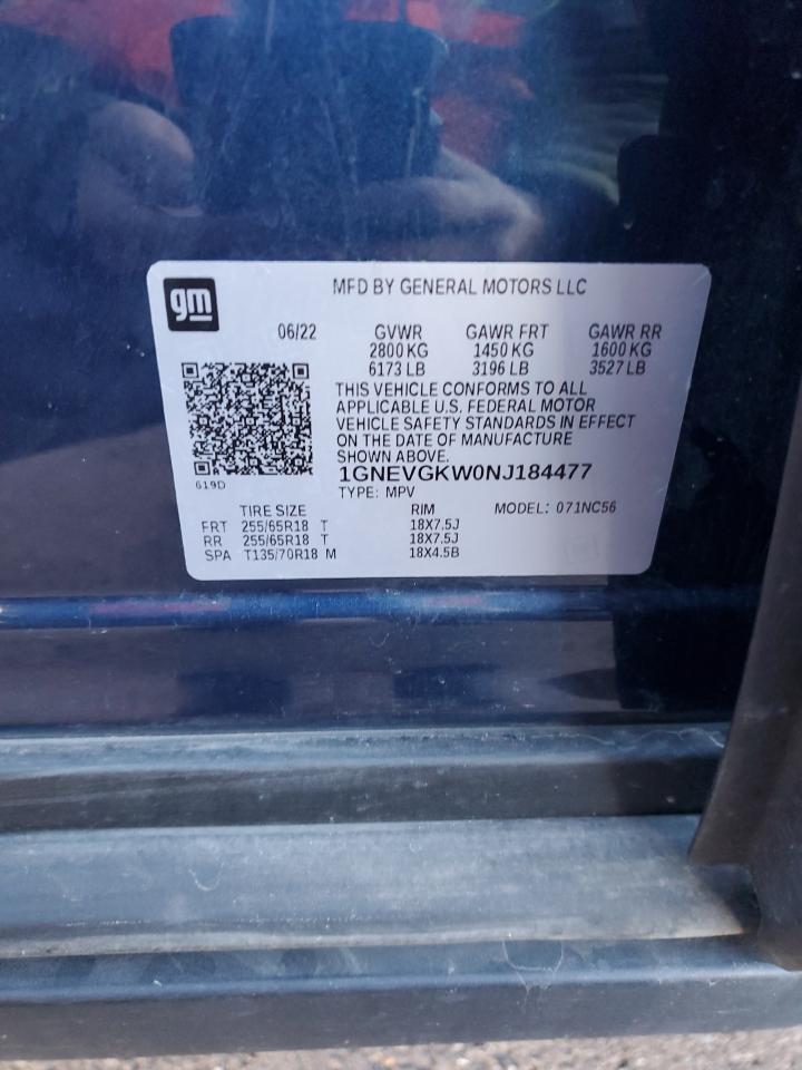 2022 CHEVROLET TRAVERSE LT VIN:1GNEVGKW0NJ184477