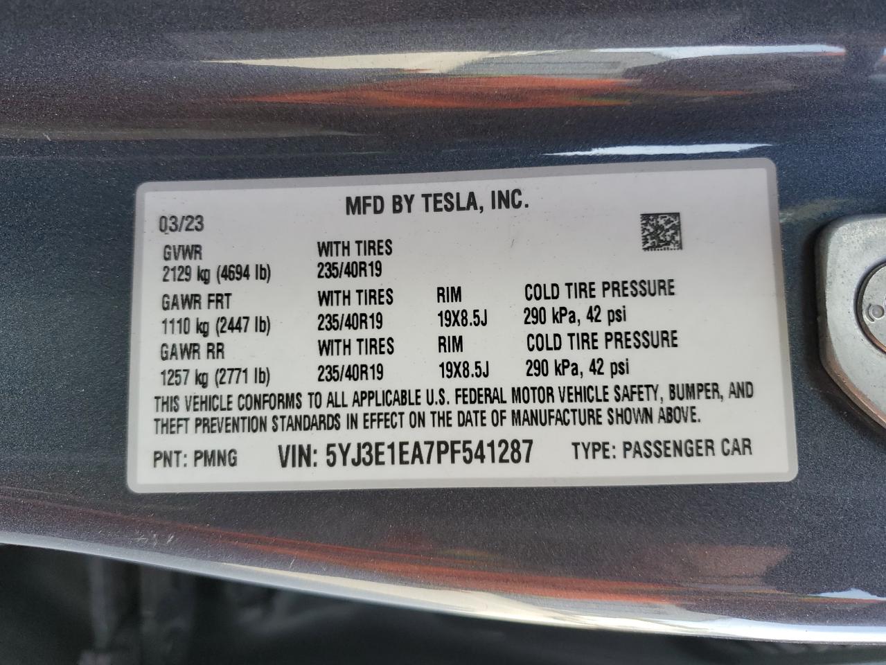 2023 TESLA MODEL 3  VIN:5YJ3E1EA7PF541287