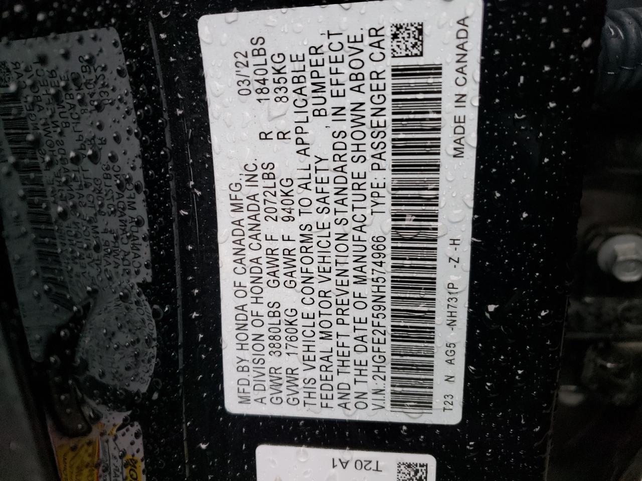 2022 HONDA CIVIC SPORT VIN:2HGFE2F59NH574966