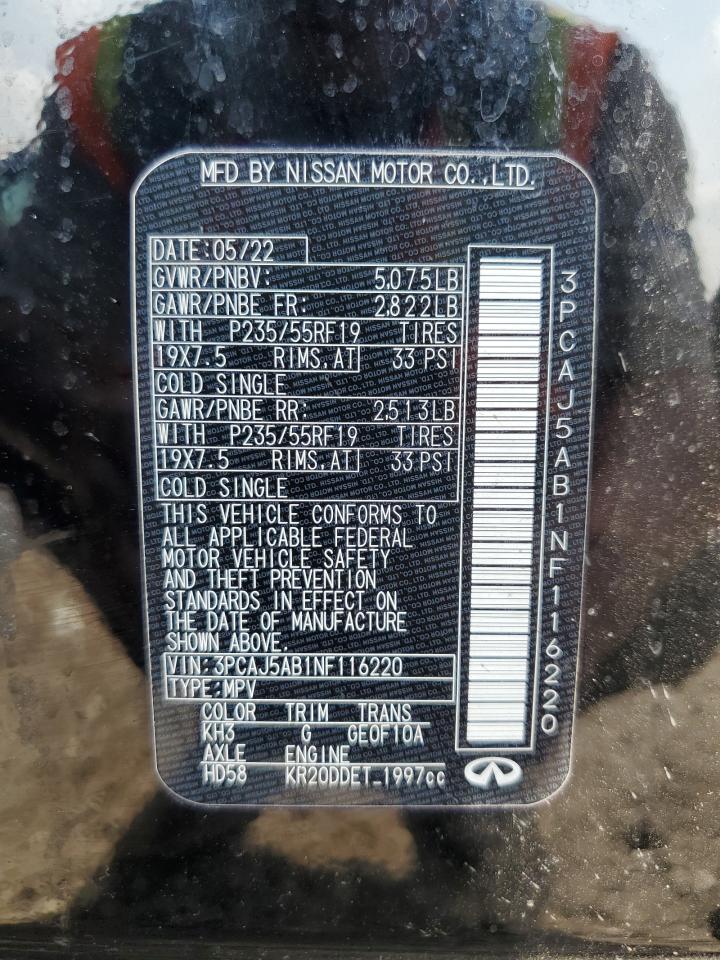 2022 INFINITI QX50 PURE VIN:3PCAJ5AB1NF116220