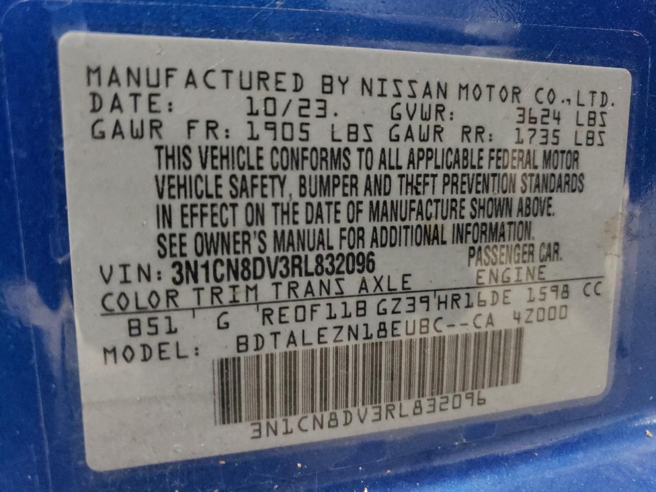 2024 NISSAN VERSA S VIN:3N1CN8DV3RL832096