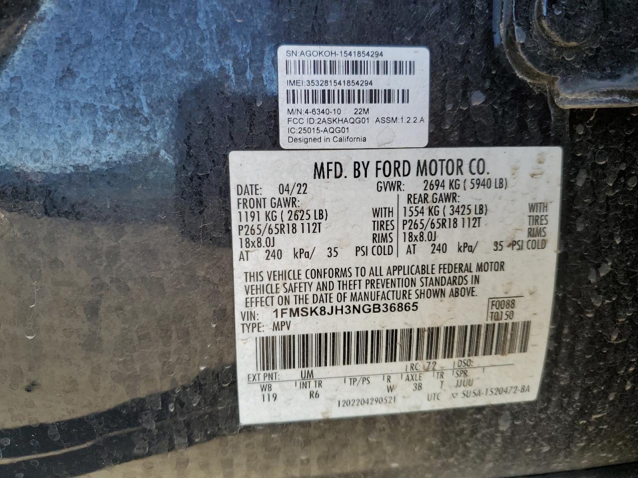 2022 FORD EXPLORER TIMBERLINE VIN:1FMSK8JH3NGB36865