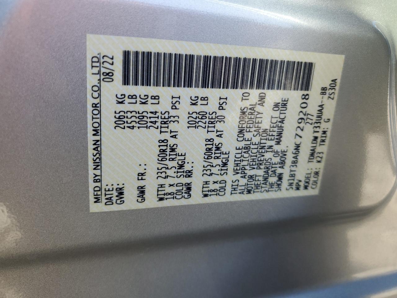 2022 NISSAN ROGUE SV VIN:5N1BT3BA6NC729208
