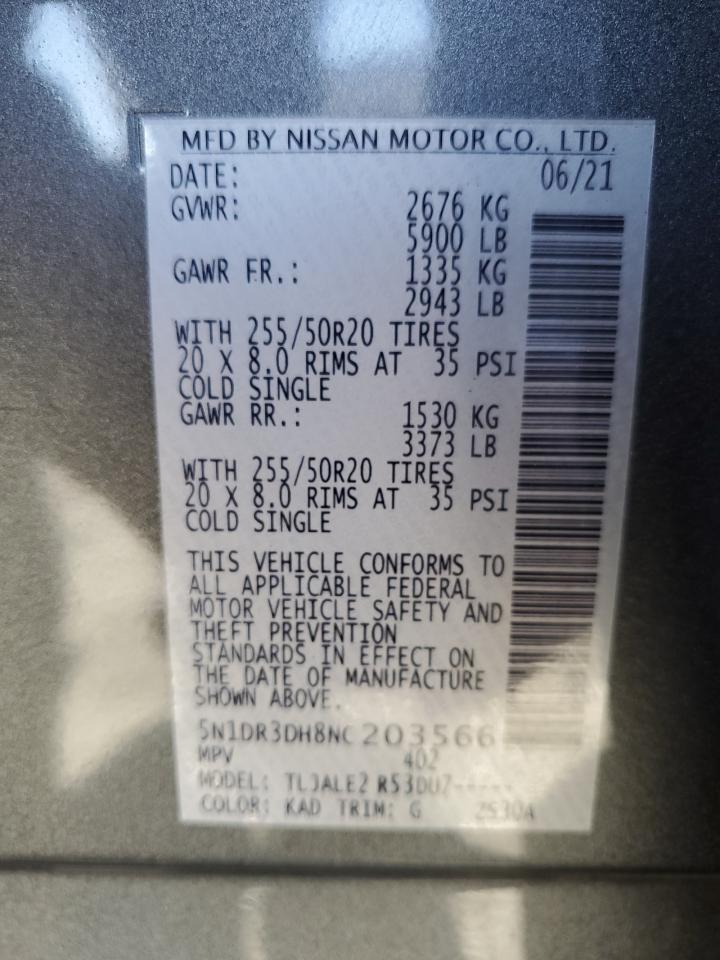 2022 NISSAN PATHFINDER PLATINUM VIN:5N1DR3DH8NC203566