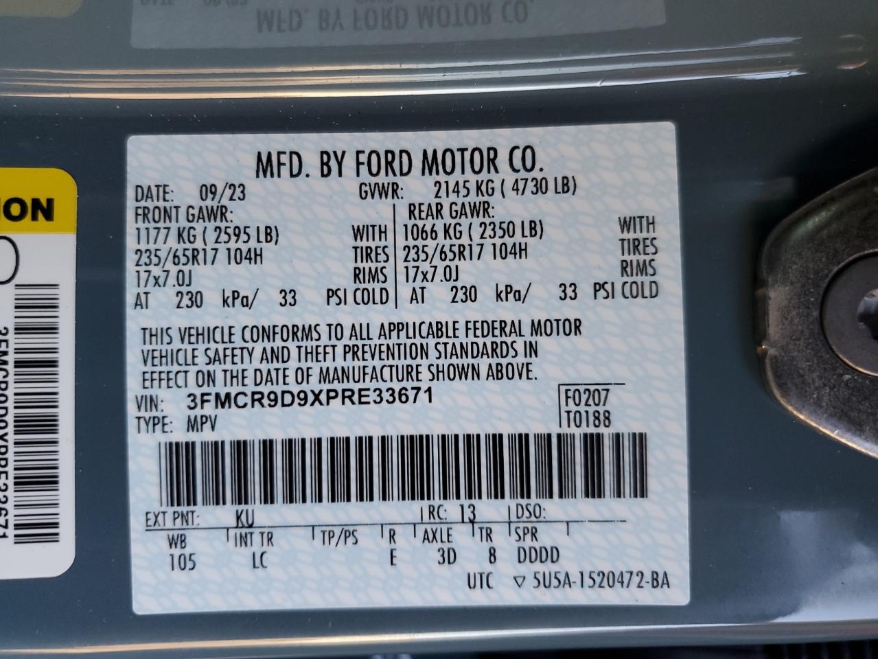 2023 FORD BRONCO SPORT BADLANDS VIN:3FMCR9D9XPRE33671