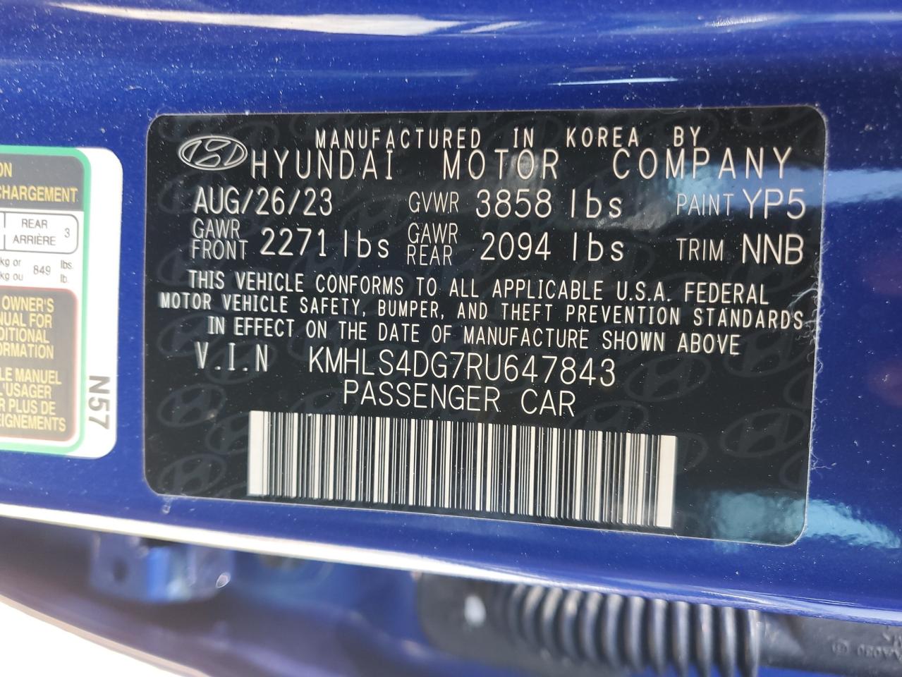 2024 HYUNDAI ELANTRA SEL VIN:KMHLS4DG7RU647843