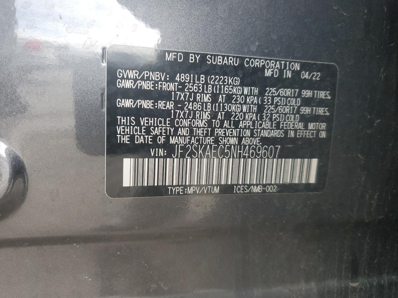 2022 SUBARU FORESTER PREMIUM VIN:JF2SKAEC5NH469607