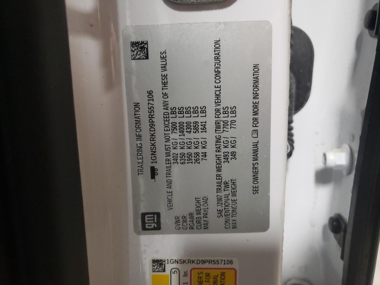 2023 CHEVROLET TAHOE K1500 RST VIN:1GNSKRKD9PR557106