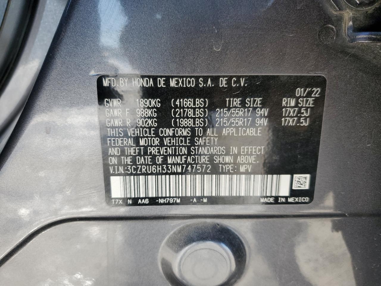2022 HONDA HR-V LX VIN:3CZRU6H33NM747572