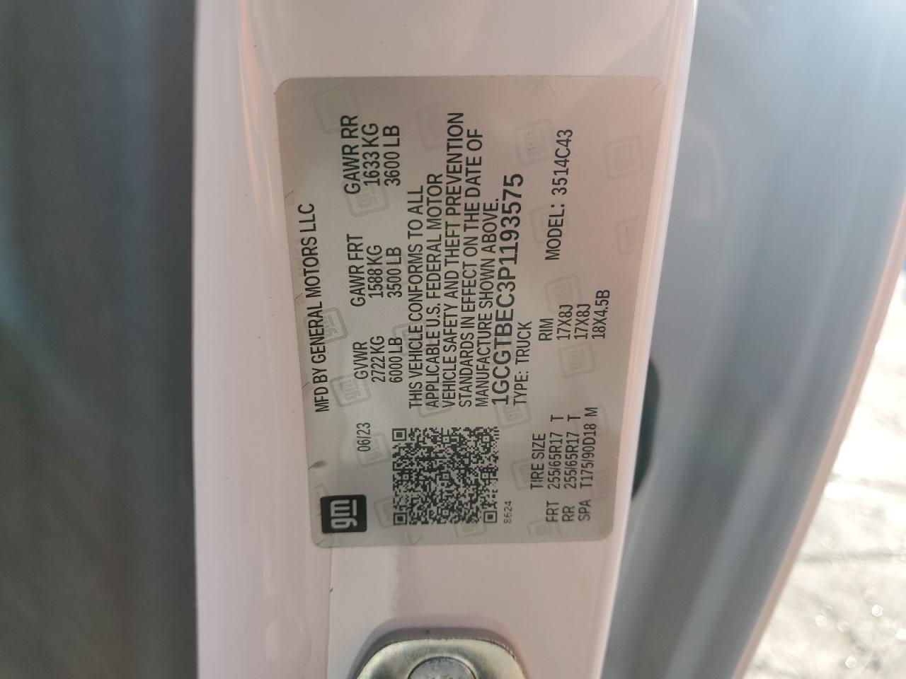 2023 CHEVROLET COLORADO  VIN:1GCGTBEC3P1193575