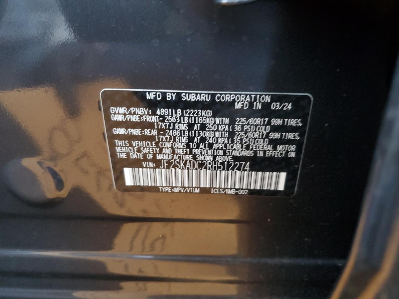 2024 SUBARU FORESTER PREMIUM VIN:JF2SKADC2RH512274