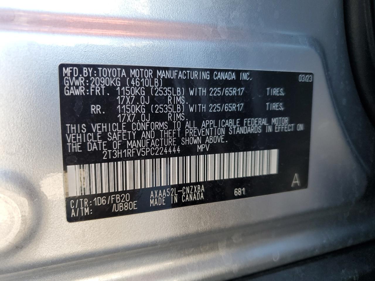 2023 TOYOTA RAV4 LE VIN:2T3H1RFV5PC224444