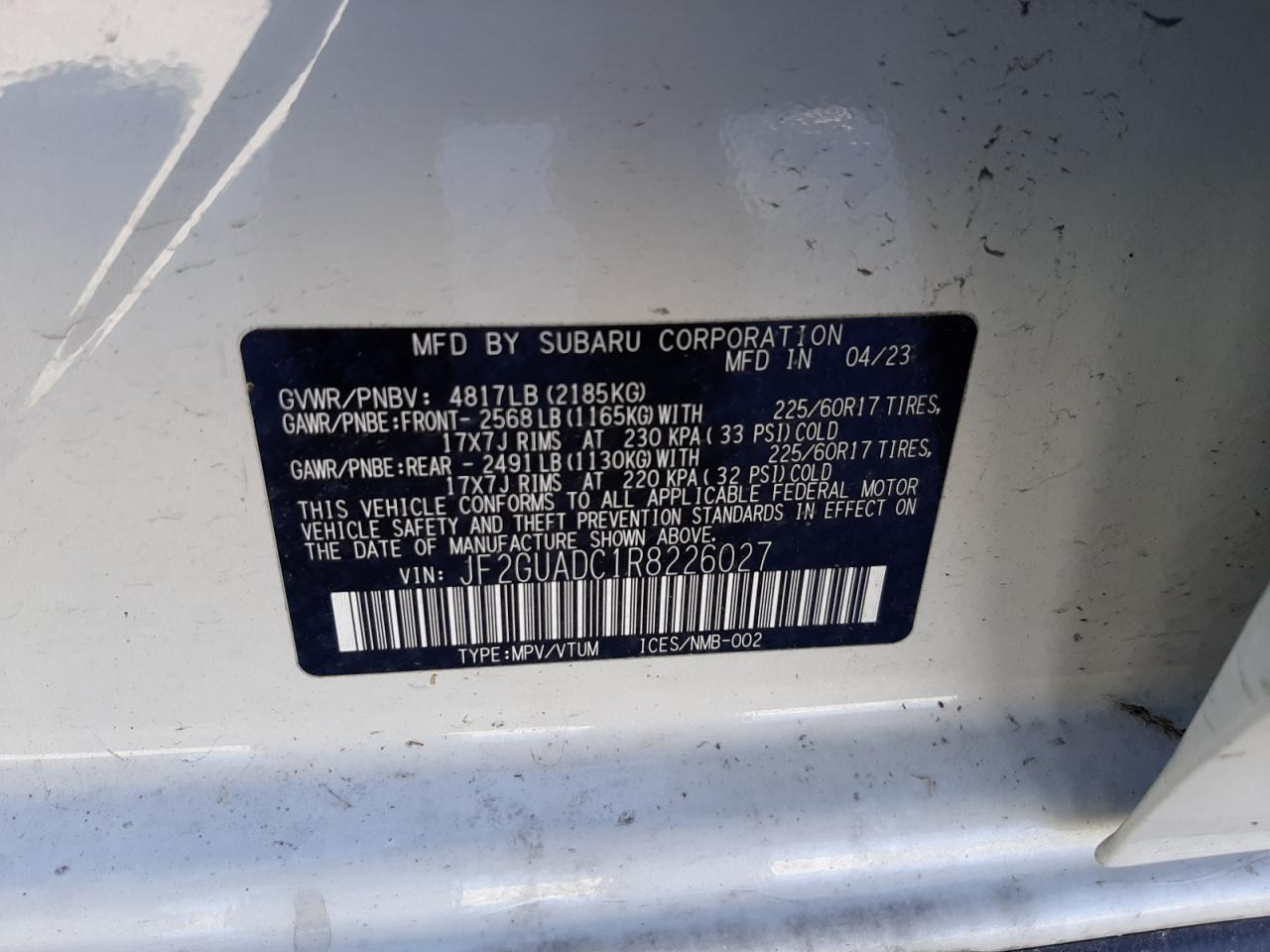 2024 SUBARU CROSSTREK PREMIUM VIN:JF2GUADC1R8226027