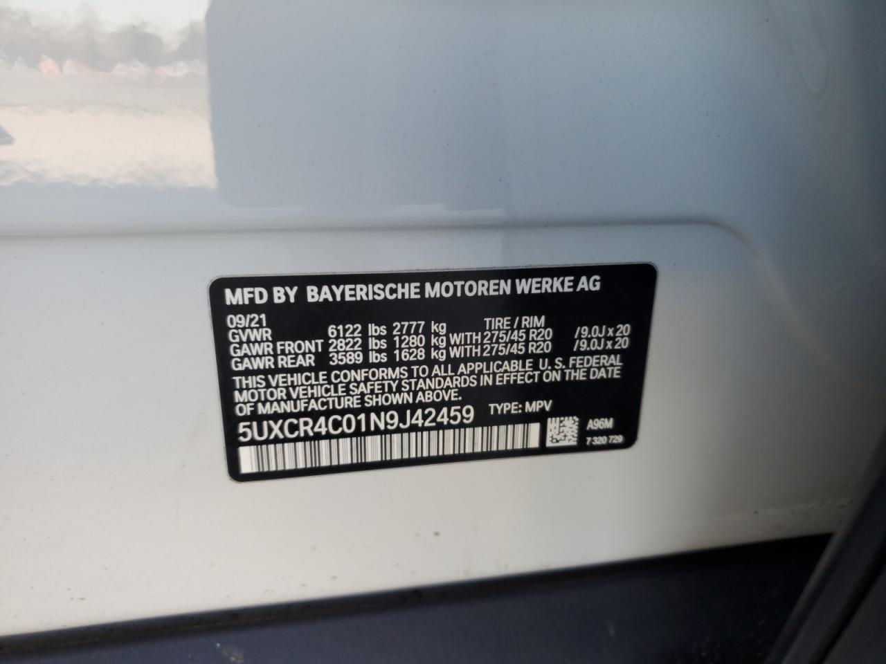 2022 BMW X5 SDRIVE 40I VIN:5UXCR4C01N9J42459