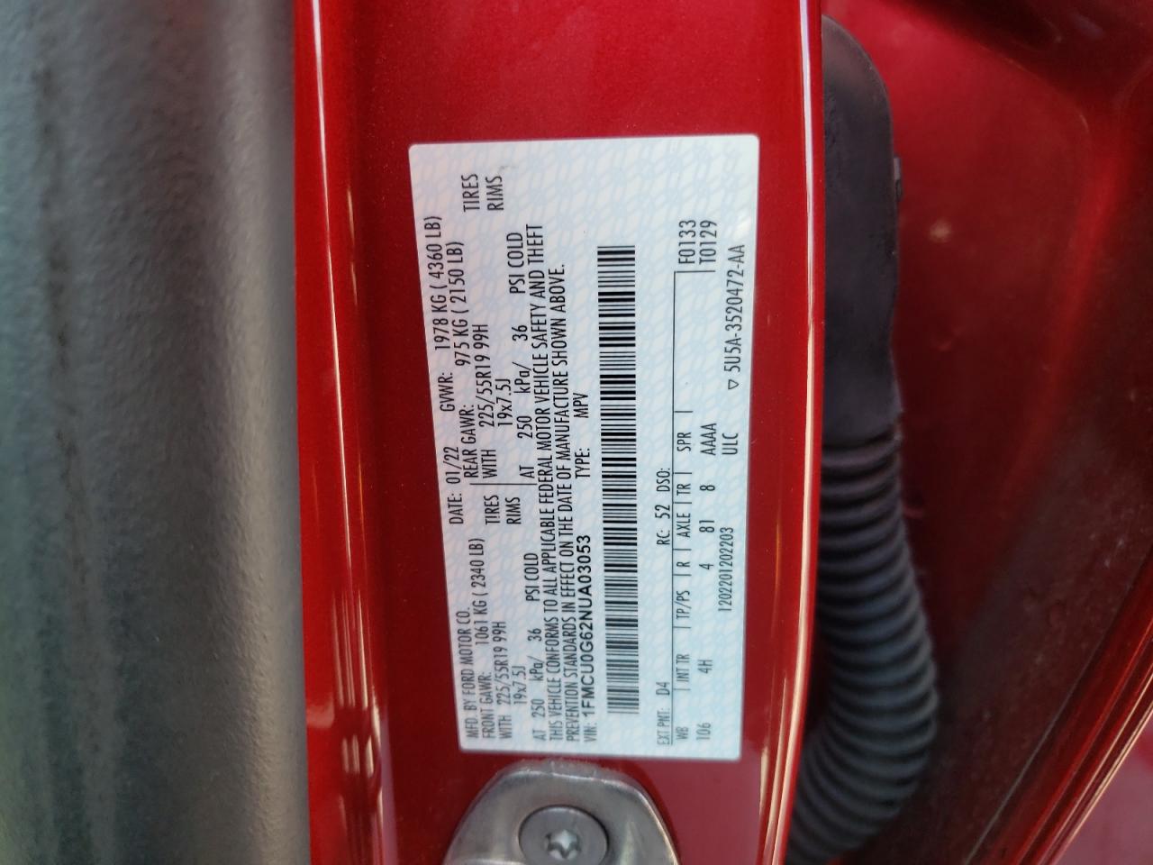 2022 FORD ESCAPE SE VIN:1FMCU0G62NUA03053
