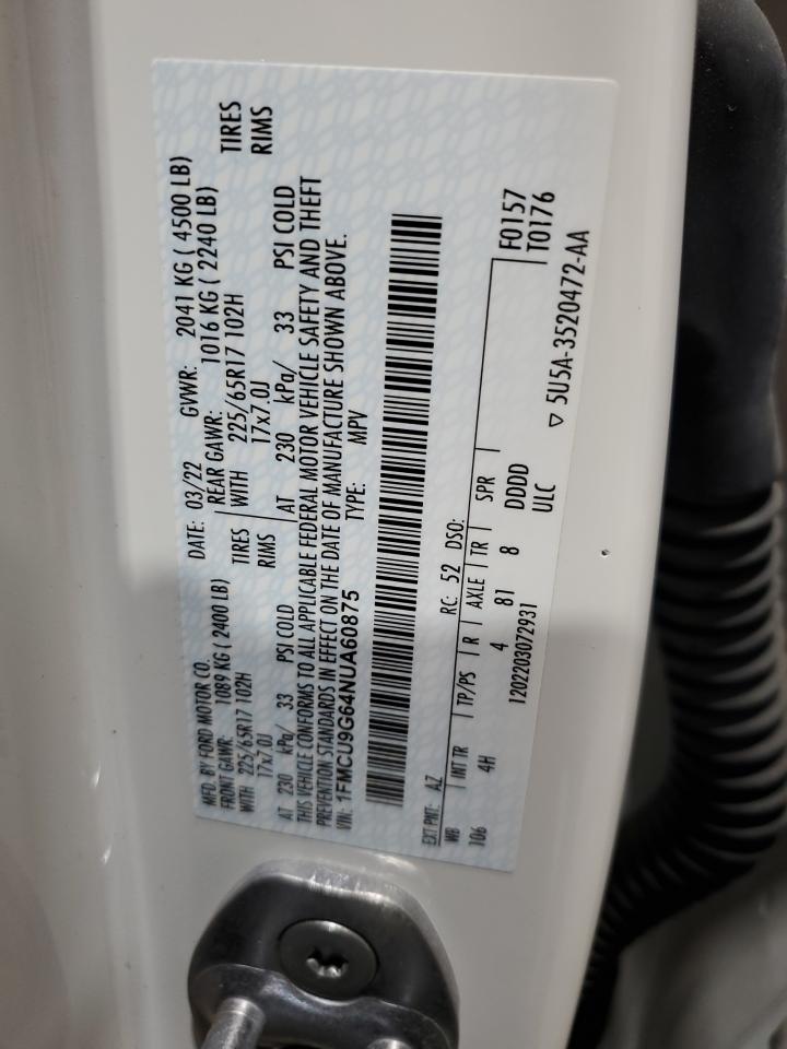 2022 FORD ESCAPE SE VIN:1FMCU9G64NUA60875