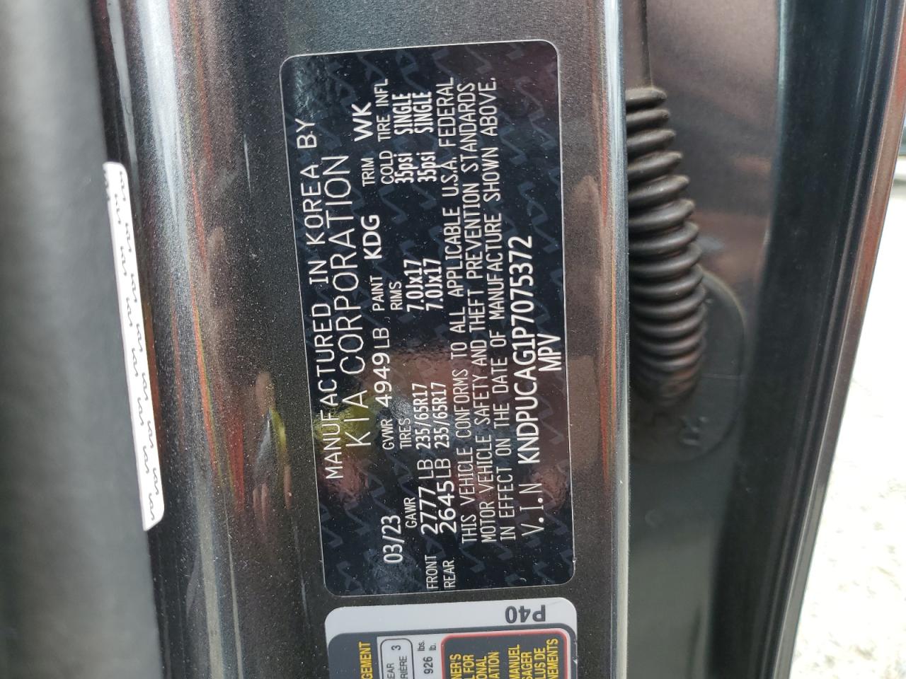 2023 KIA SPORTAGE LX VIN:KNDPUCAG1P7075372