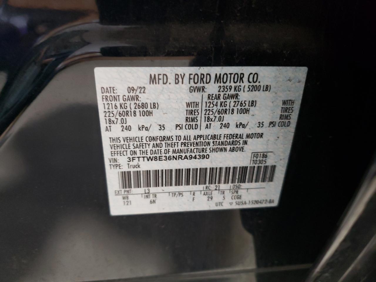 2022 FORD MAVERICK XL VIN:3FTTW8E36NRA94390