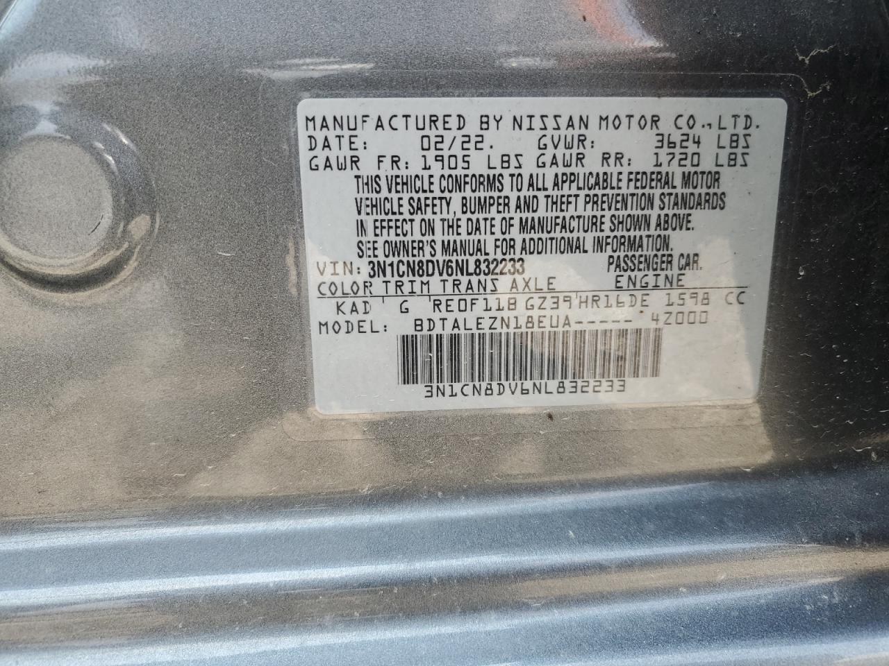 2022 NISSAN VERSA S VIN:3N1CN8DV6NL832233