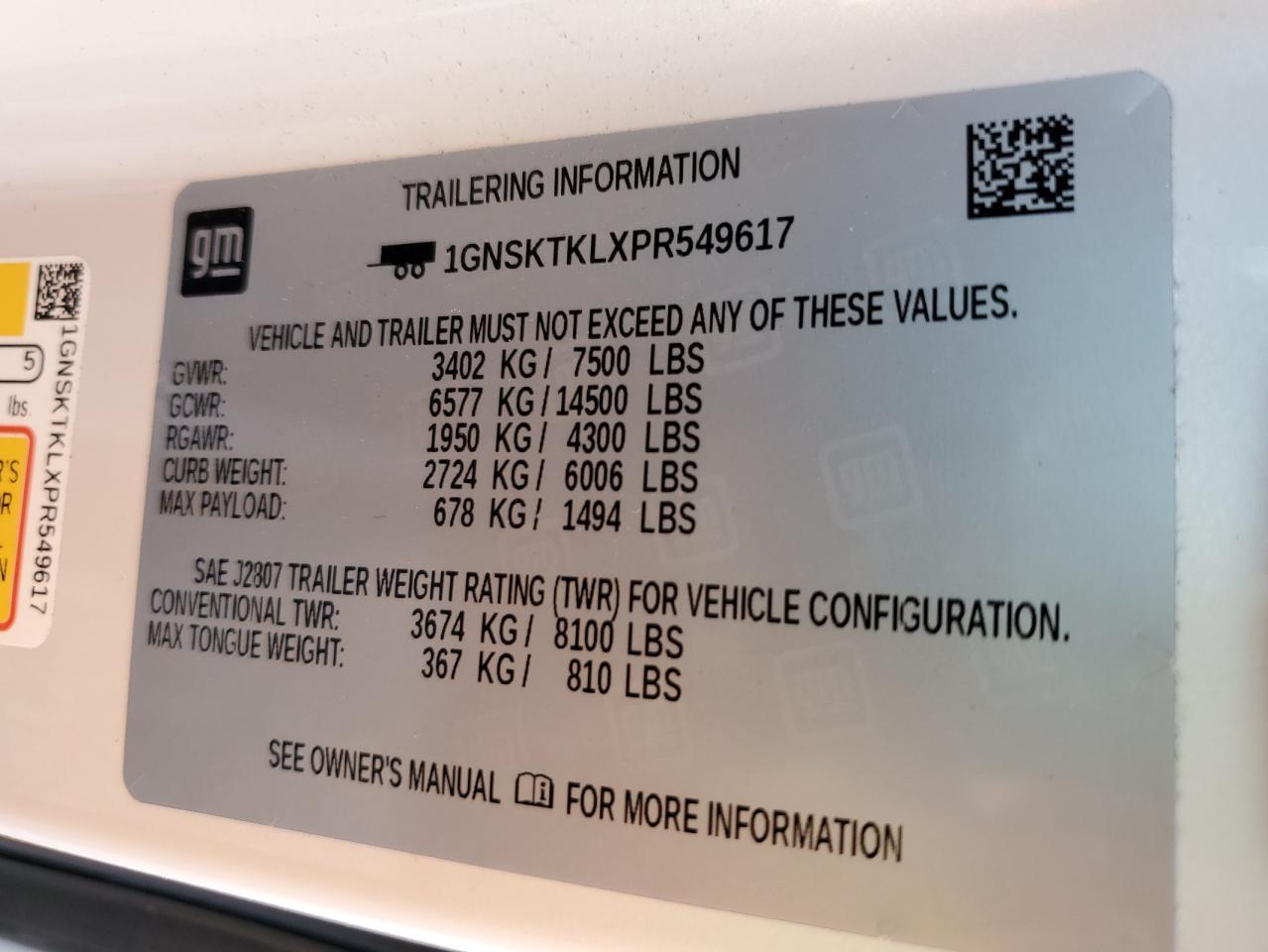 2023 CHEVROLET TAHOE K1500 HIGH COUNTRY VIN:1GNSKTKLXPR549617