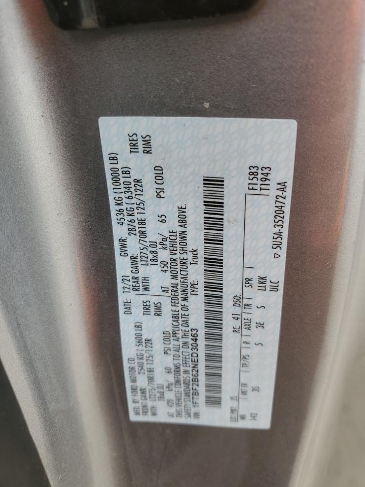 2022 FORD F250 SUPER DUTY VIN:1FTBF2B62NED30463