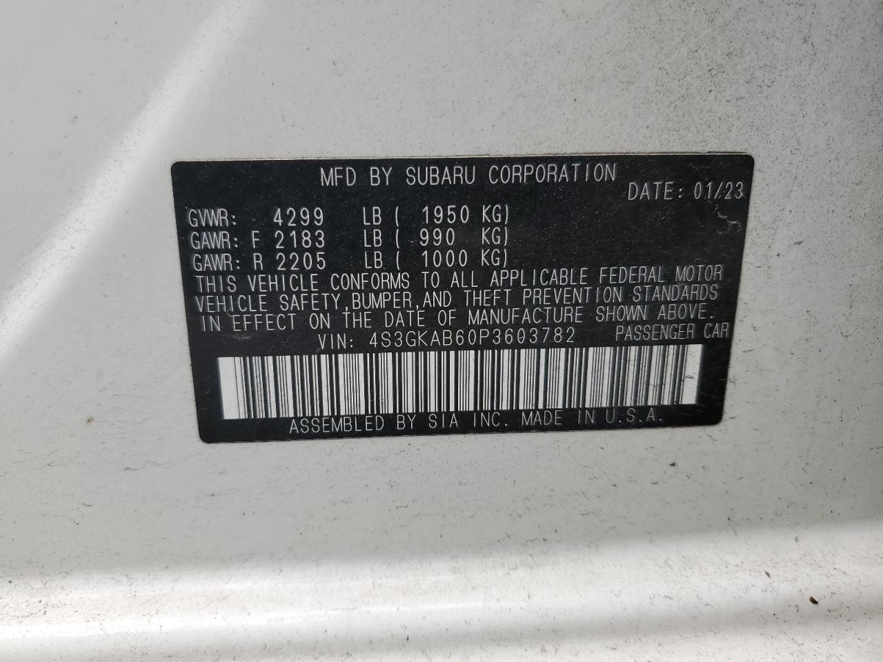 2023 SUBARU IMPREZA  VIN:4S3GKAB60P3603782