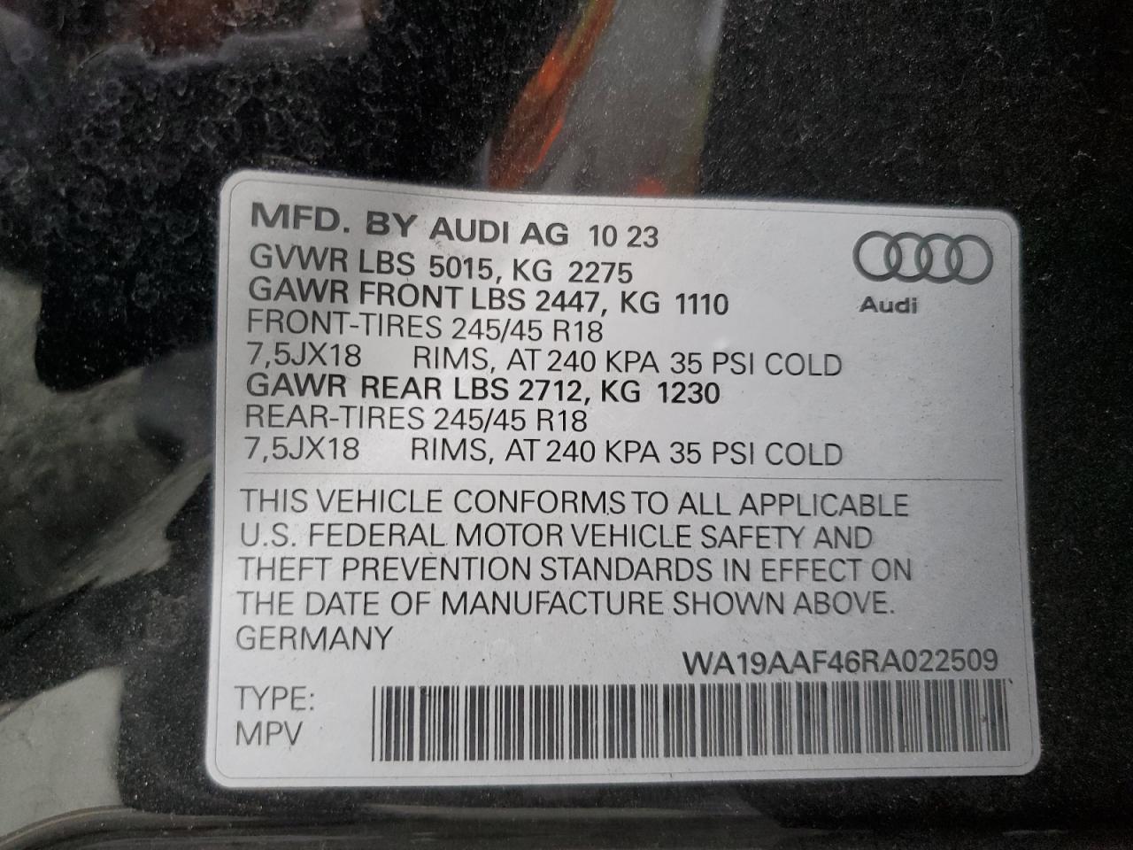 2024 AUDI A4 ALLROAD PRESTIGE VIN:WA19AAF46RA022509