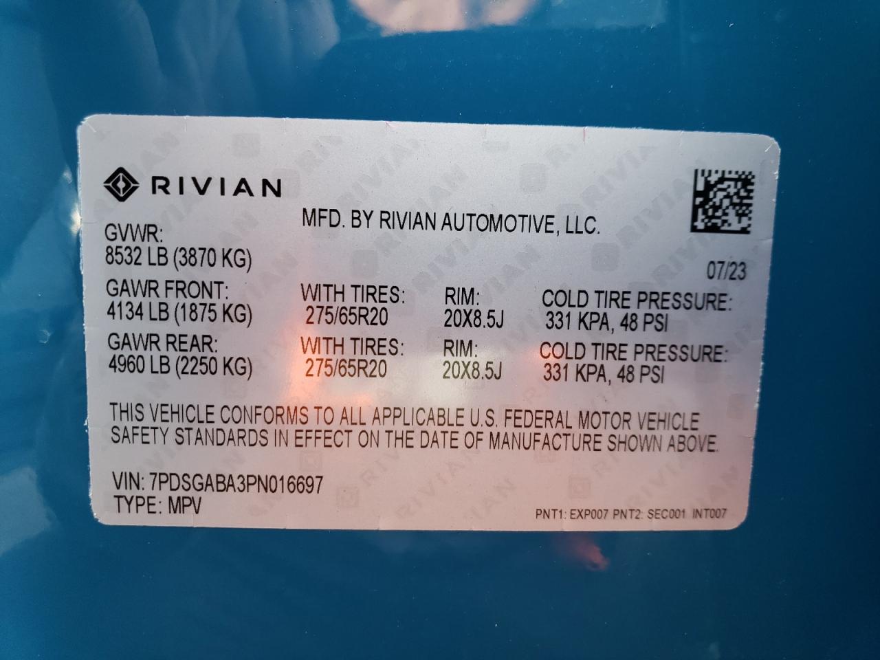 2023 RIVIAN R1S ADVENTURE VIN:MCCU1054706      