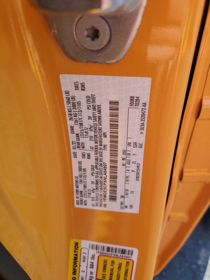 2022 FORD BRONCO BASE VIN:1FMDE5CPXNLA84807
