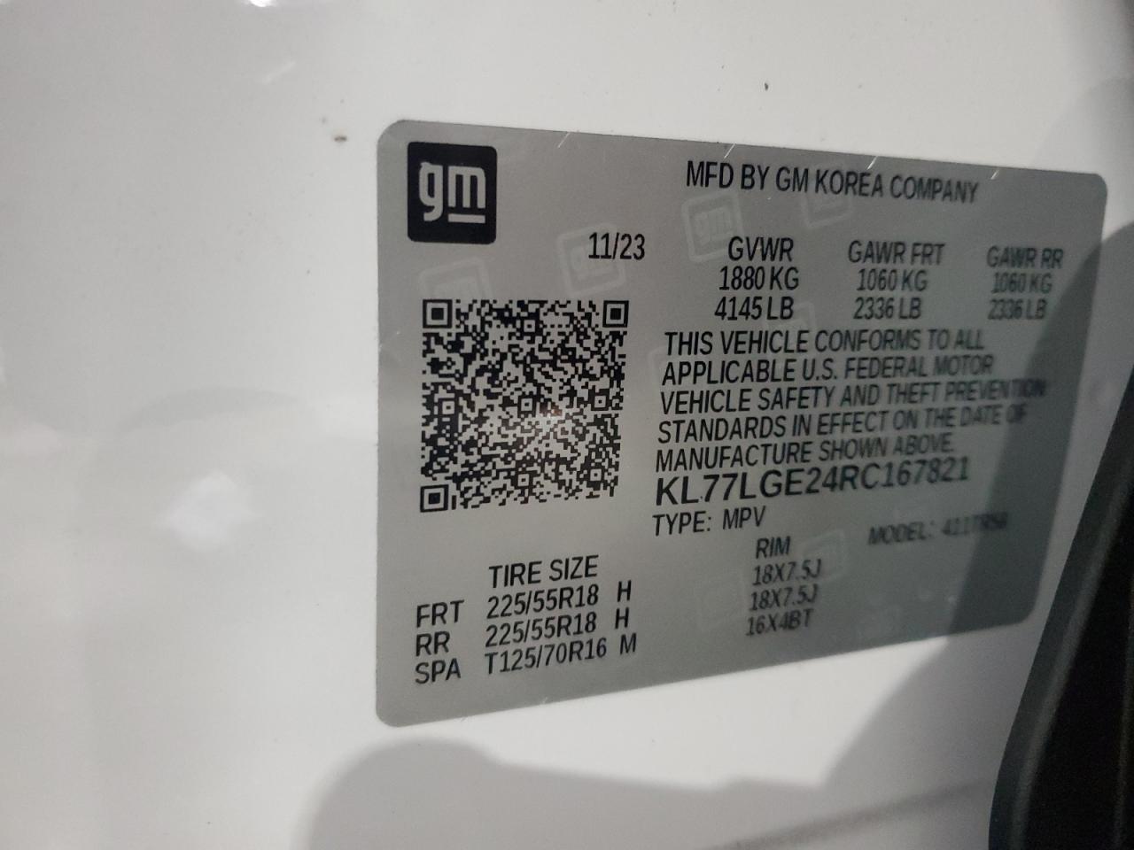 2024 CHEVROLET TRAX 1RS VIN:KL77LGE24RC167821