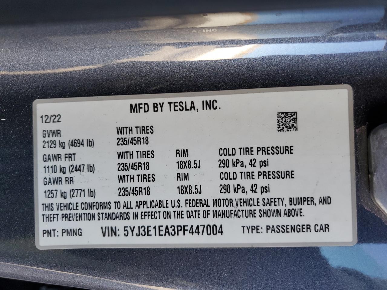 2023 TESLA MODEL 3  VIN:5YJ3E1EA3PF447004