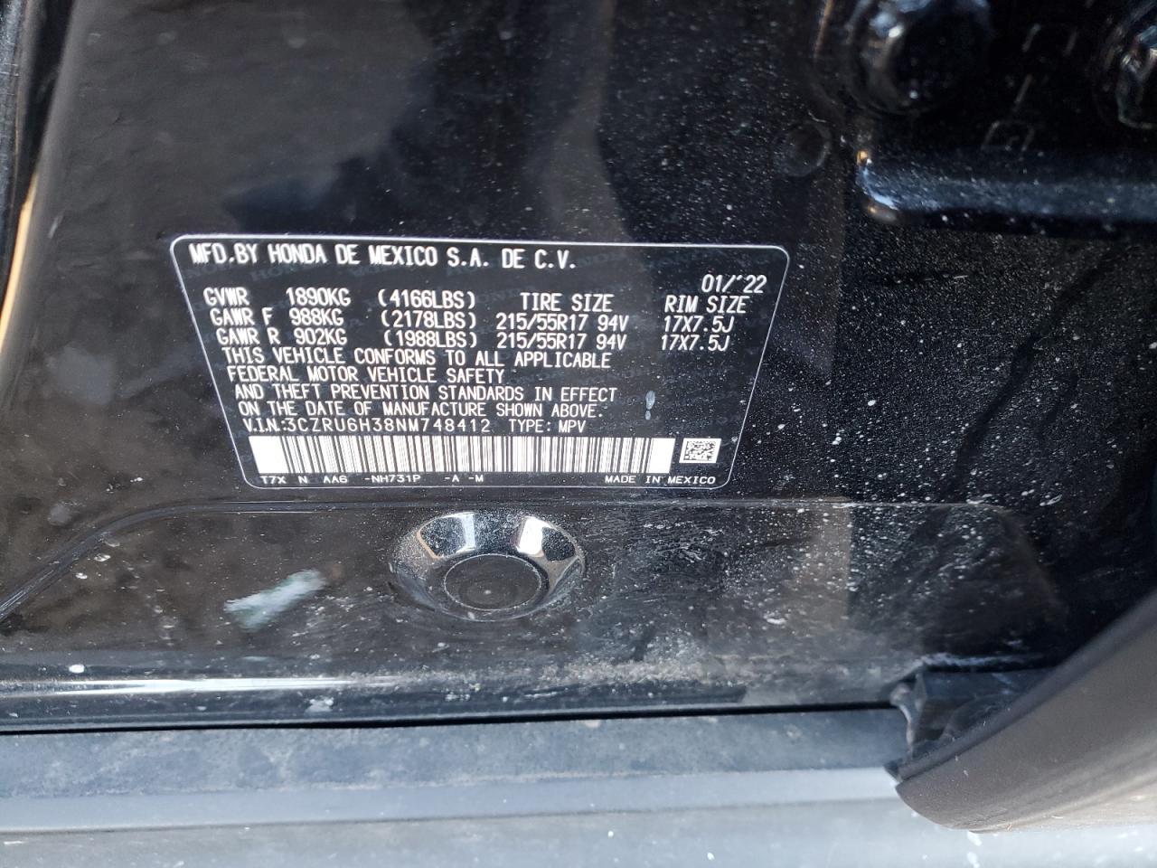2022 HONDA HR-V LX VIN:3CZRU6H38NM748412
