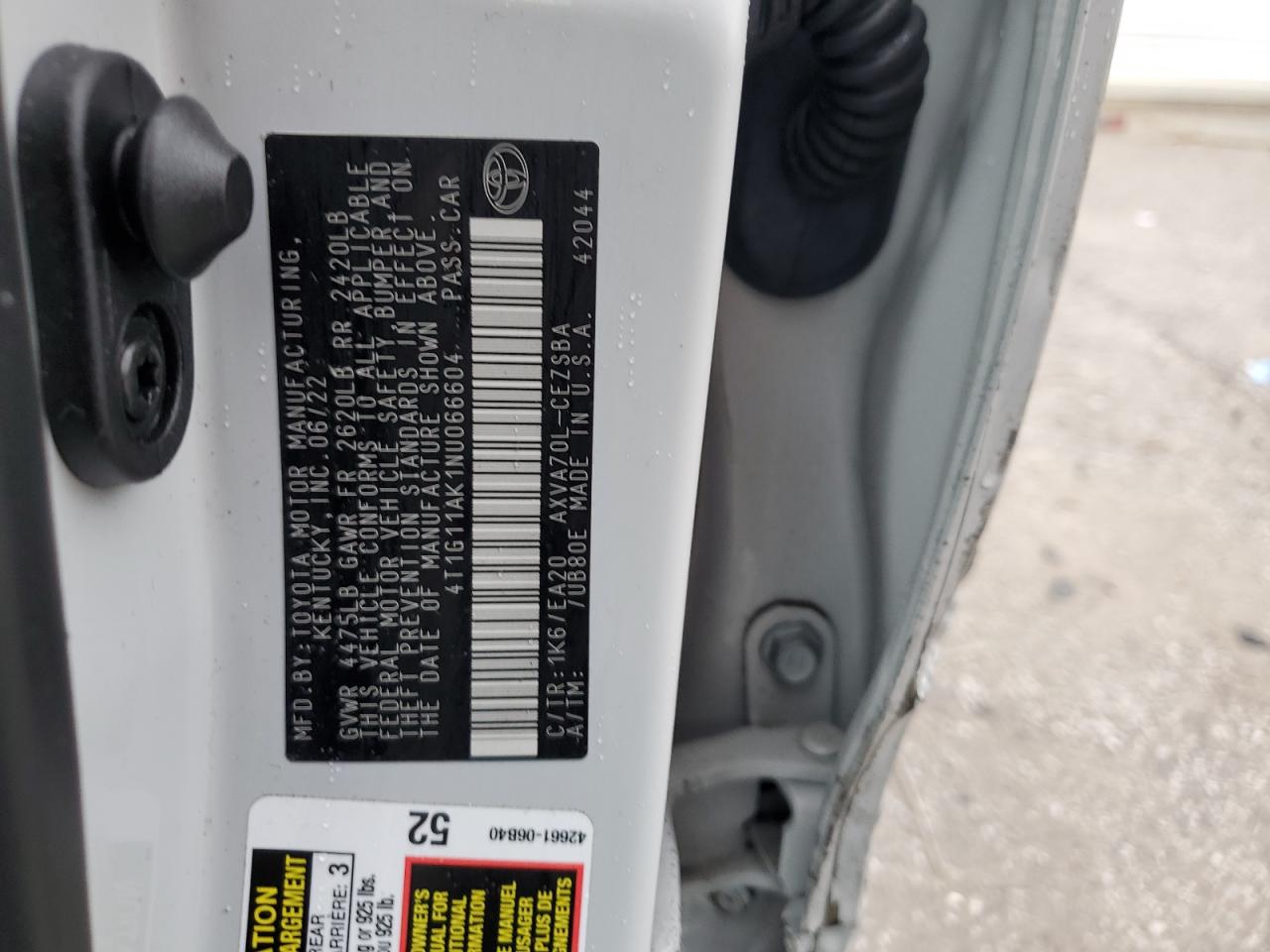 2022 TOYOTA CAMRY SE VIN:4T1G11AK1NU066604