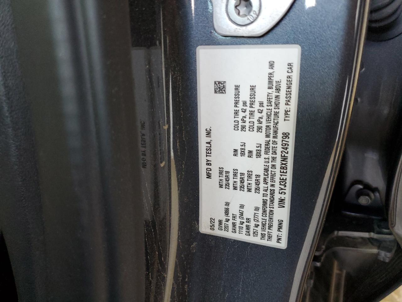 2022 TESLA MODEL 3  VIN:5YJ3E1EBXNF249798