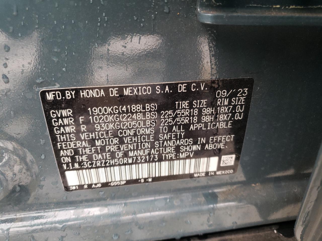 2024 HONDA HR-V SPORT VIN:3CZRZ2H50RM732173