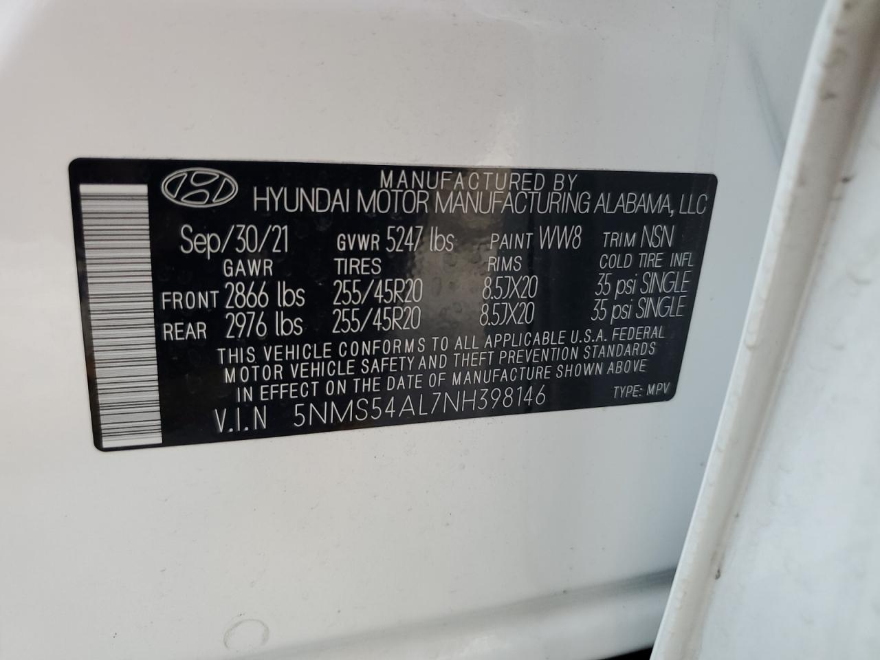 2022 HYUNDAI SANTA FE CALLIGRAPHY VIN:5NMS54AL7NH398146