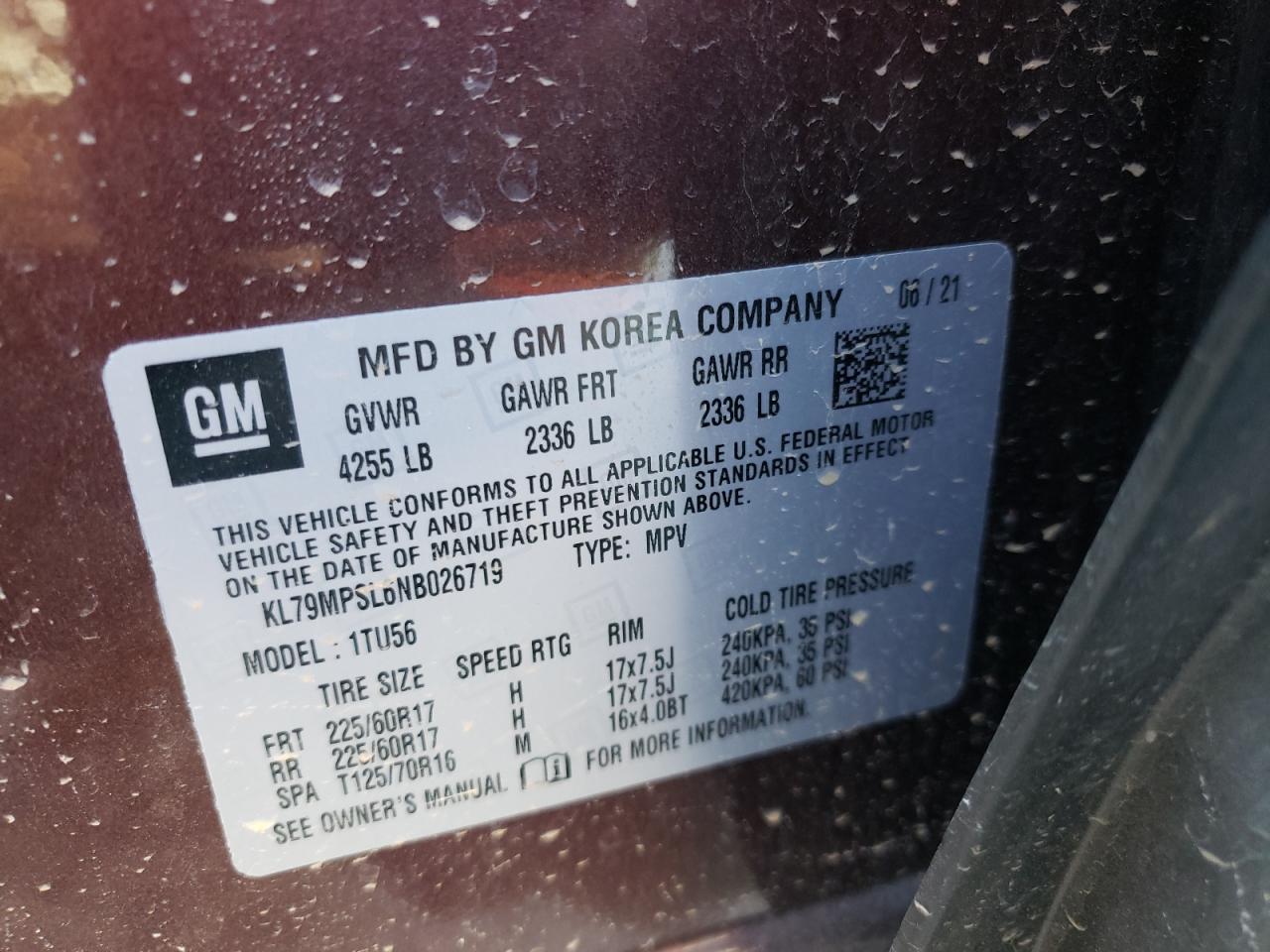 2022 CHEVROLET TRAILBLAZER LT VIN:KL79MPSL6NB026719