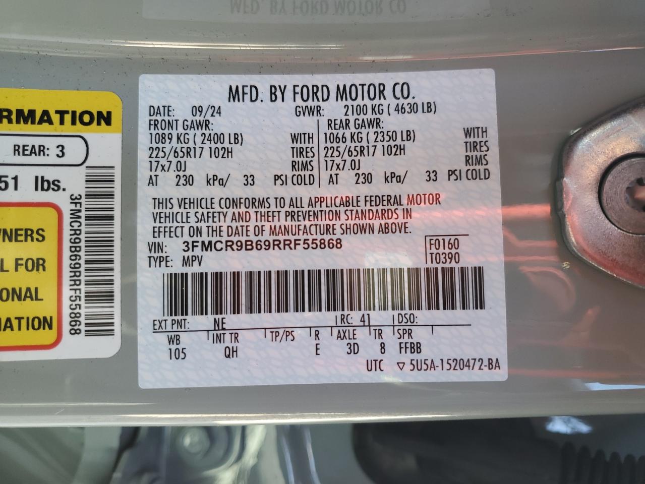 2024 FORD BRONCO SPORT BIG BEND VIN:3FMCR9B69RRF55868