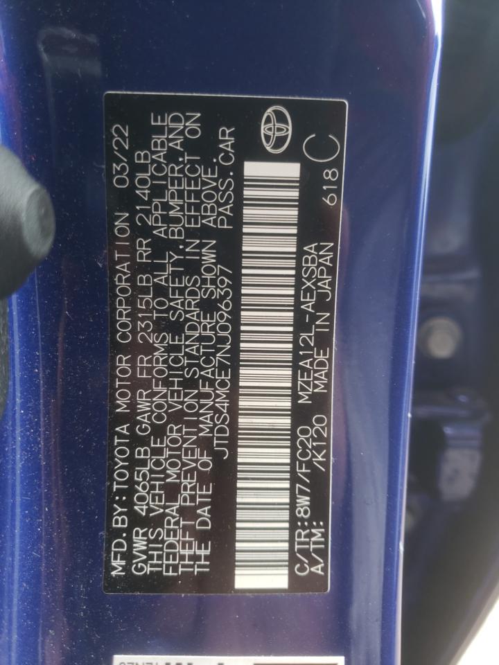 2022 TOYOTA COROLLA SE VIN:JTDS4MCE7NJ096397