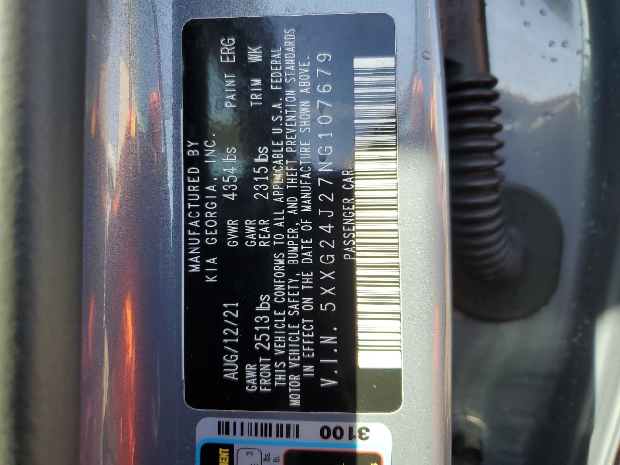 2022 KIA K5 LX VIN:5XXG24J27NG107679