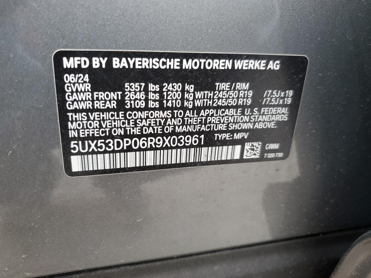 2024 BMW X3 XDRIVE30I VIN:5UX53DP06R9X03961