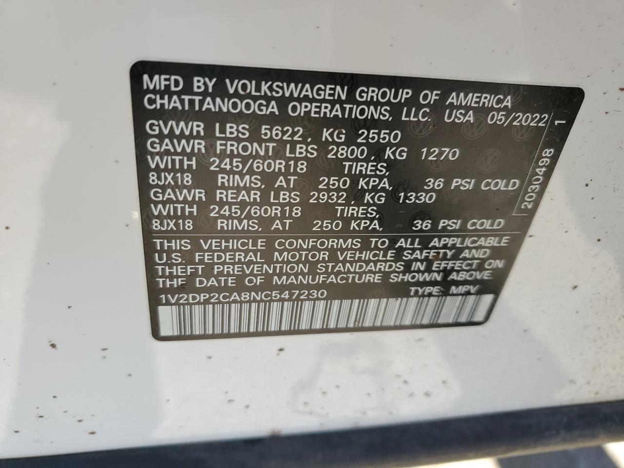 2022 VOLKSWAGEN ATLAS SE VIN:1V2DP2CA8NC547230