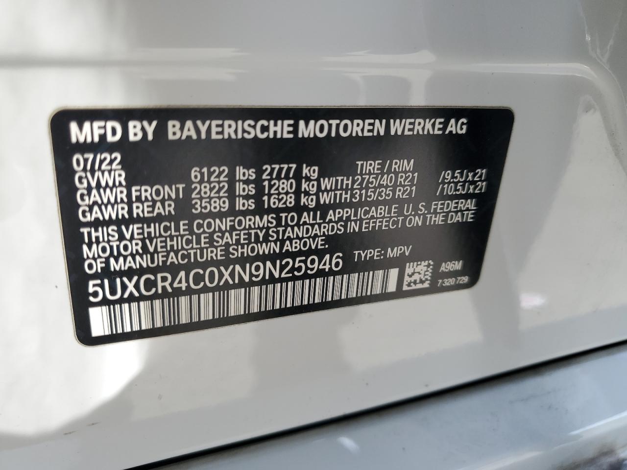 2022 BMW X5 SDRIVE 40I VIN:5UXCR4C0XN9N25946
