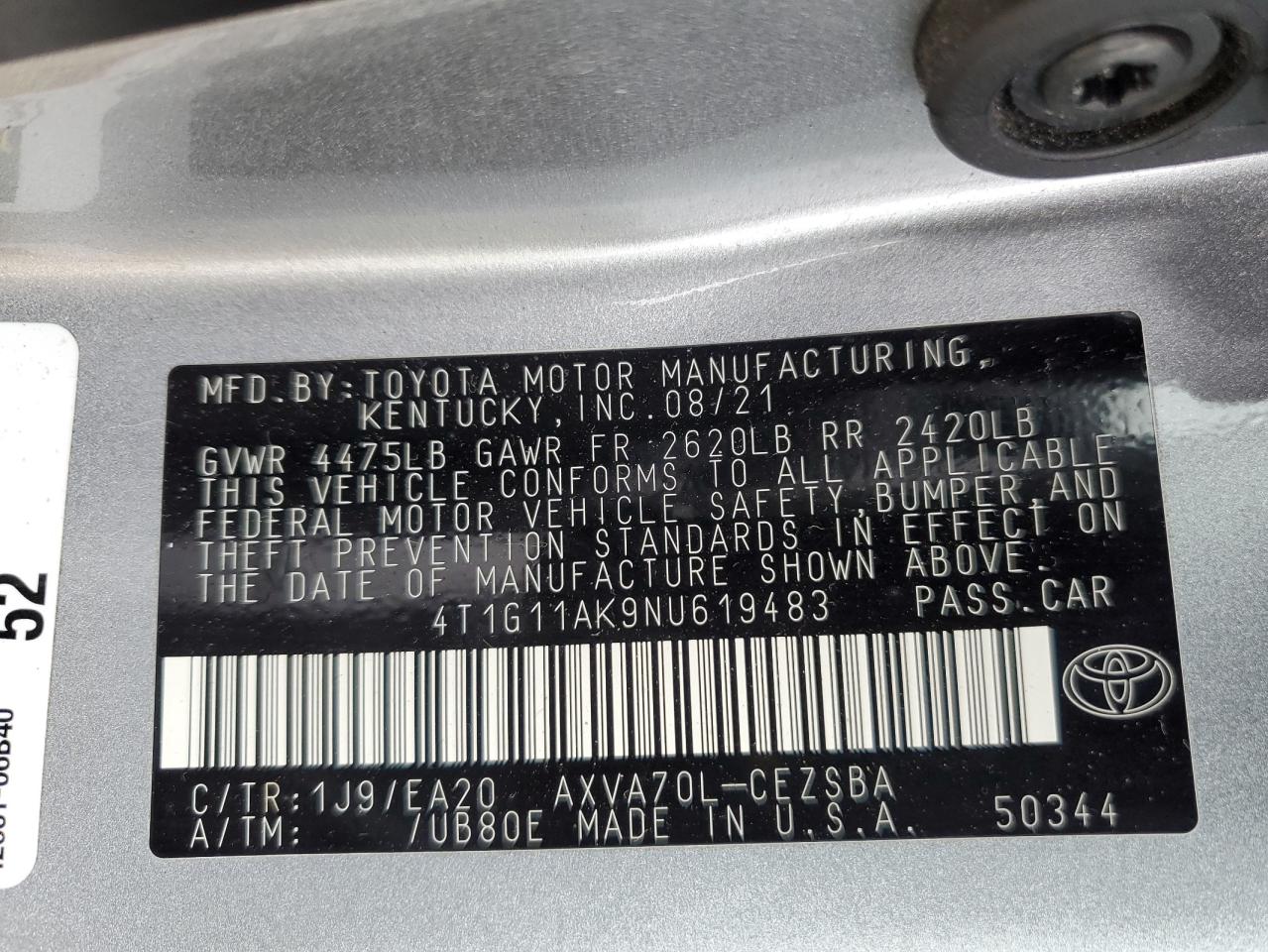 2022 TOYOTA CAMRY SE VIN:4T1G11AK9NU619483
